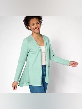 Green LOGO by Lori Goldstein Women's Knit Cardigan w ClipDot Trim Feldspar - 3X